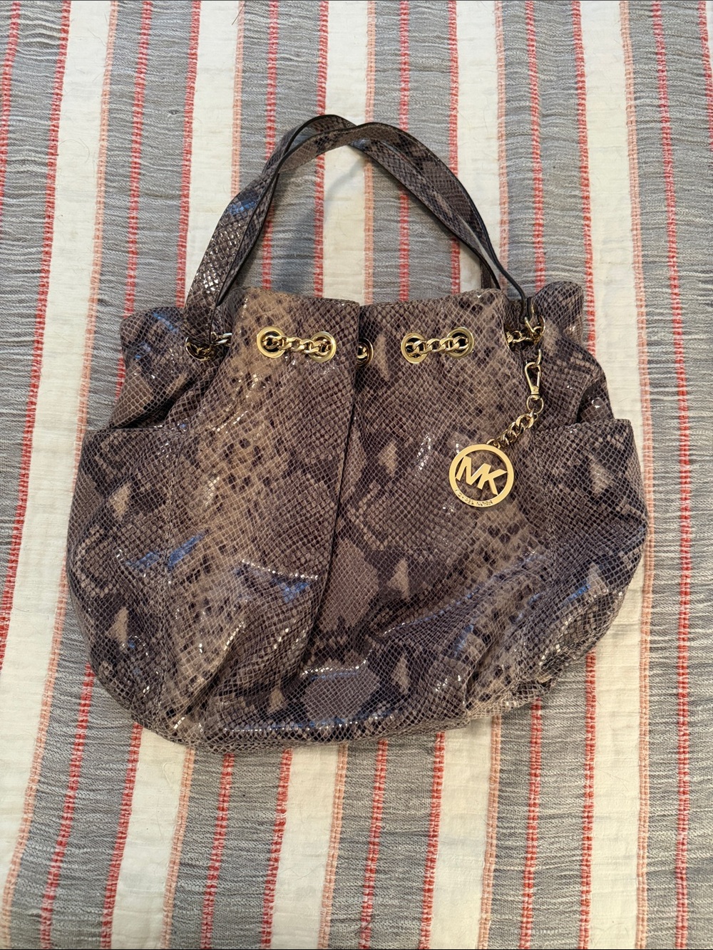 Michael Kors Women's Brown Snake-Skin Tote Bag with Gold Hardware